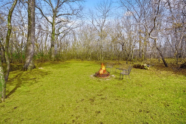 view of yard with a fire pit