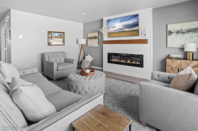 living area with baseboards, wood finished floors, and a fireplace