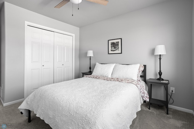 bedroom featuring a closet, carpet floors, baseboards, and ceiling fan