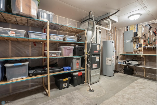 storage featuring electric panel and electric water heater