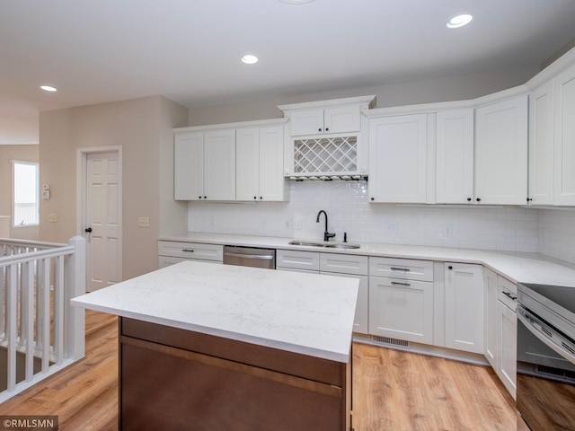 kitchen featuring light wood finished floors, stainless steel appliances, a sink, white cabinets, and backsplash