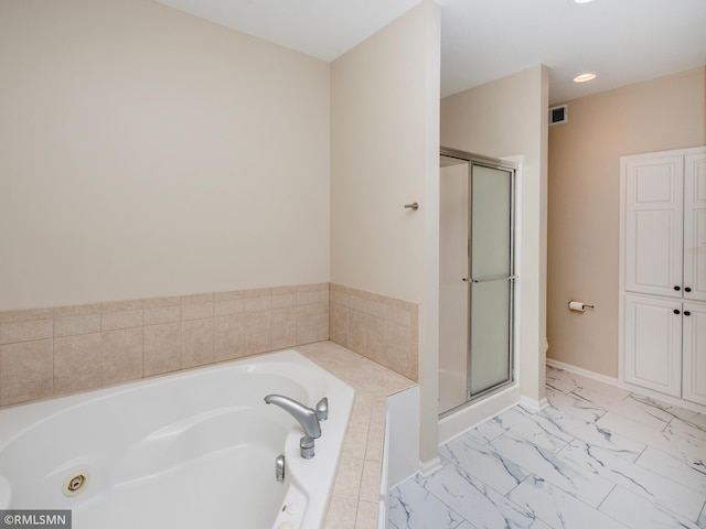 full bath with visible vents, marble finish floor, a stall shower, baseboards, and a whirlpool tub