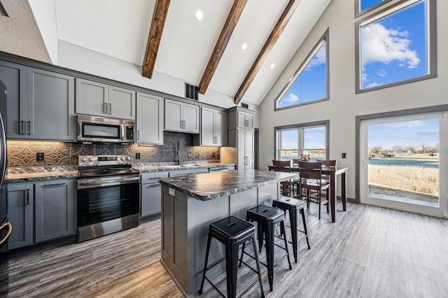 35647 Oxford Ave, Chisago Lake Twp, MN 55012 - kitchen with stainless steel appliances, gray cabinetry, a breakfast bar, light wood finished floors, and high vaulted ceiling