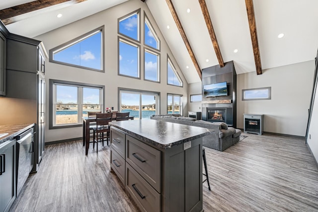 35647 Oxford Ave, Chisago Lake Twp, MN 55012 - kitchen featuring gray cabinets, baseboards, wood finished floors, beam ceiling, and a large fireplace