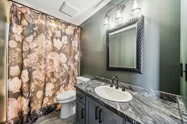 35647 Oxford Ave, Chisago Lake Twp, MN 55012 - bathroom featuring toilet, wood finished floors, vanity, a shower with curtain, and vaulted ceiling
