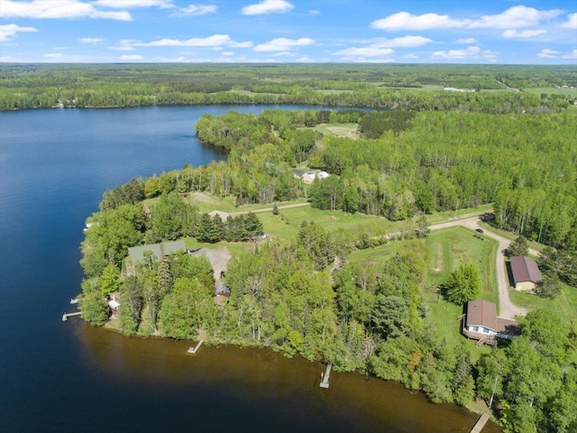 drone / aerial view featuring a water view and a wooded view