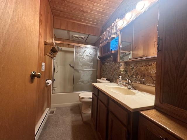 full bathroom featuring toilet, a baseboard radiator, bath / shower combo with glass door, wood ceiling, and vanity