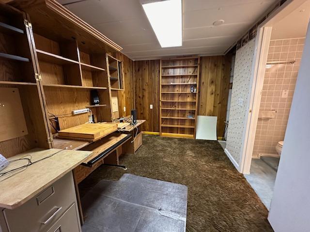 unfurnished office featuring carpet flooring and wood walls