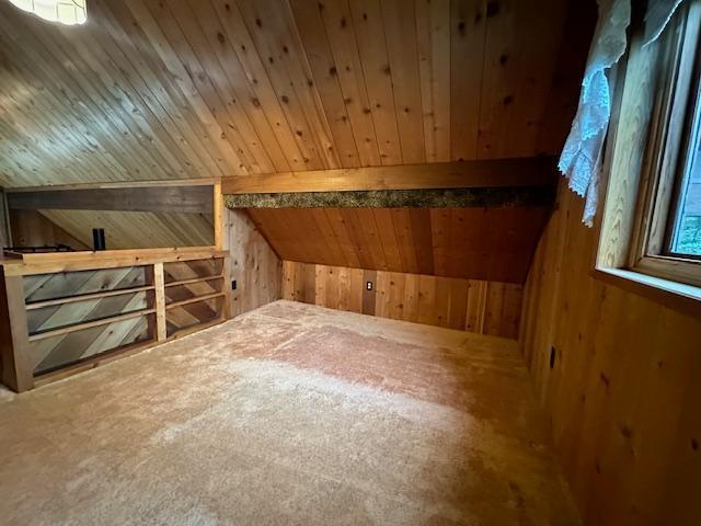 additional living space with wood walls, wooden ceiling, and vaulted ceiling