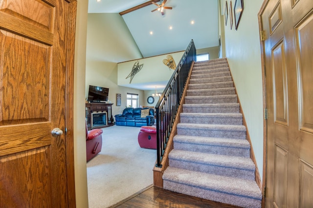 stairs with a notable chandelier, high vaulted ceiling, wood finished floors, carpet floors, and a fireplace