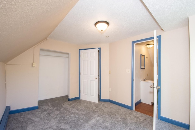 additional living space with baseboards, a textured ceiling, lofted ceiling, and carpet