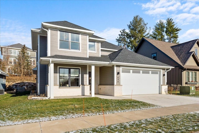 696 Inspiration Pl, Bayport, MN 55003 - view of front facade featuring concrete driveway, an attached garage, covered porch, brick siding, and a front yard