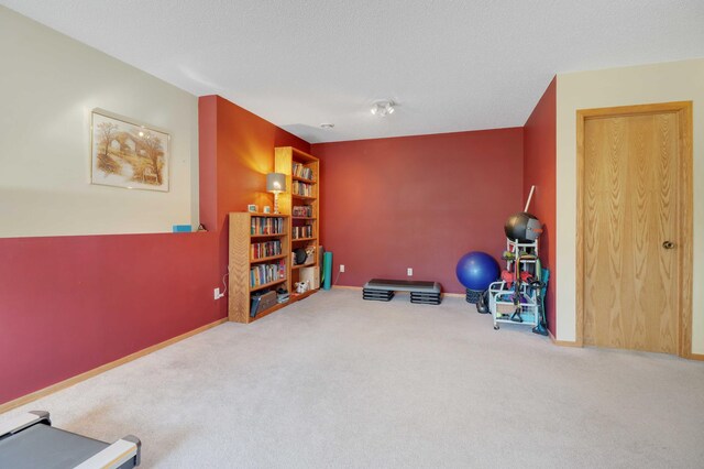 workout area with baseboards, carpet floors, and a textured ceiling