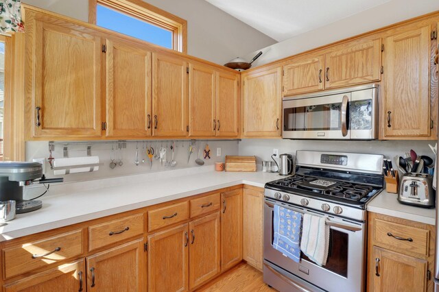 kitchen featuring light countertops, light wood finished floors, and appliances with stainless steel finishes