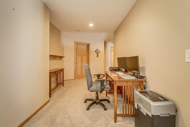 carpeted office featuring recessed lighting and baseboards