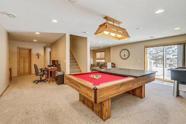 playroom featuring recessed lighting, light colored carpet, pool table, and a textured ceiling