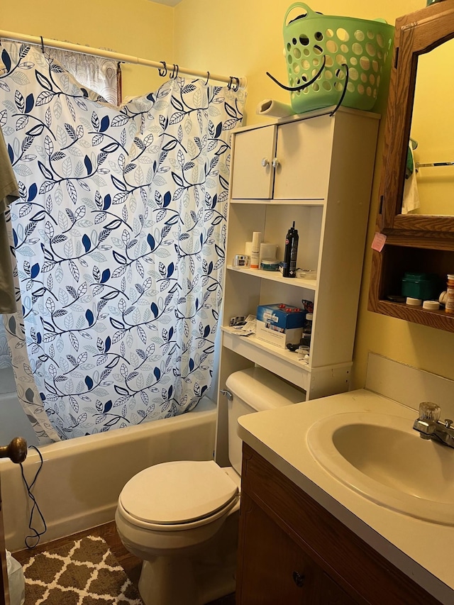 bathroom with vanity, toilet, and shower / bathtub combination with curtain