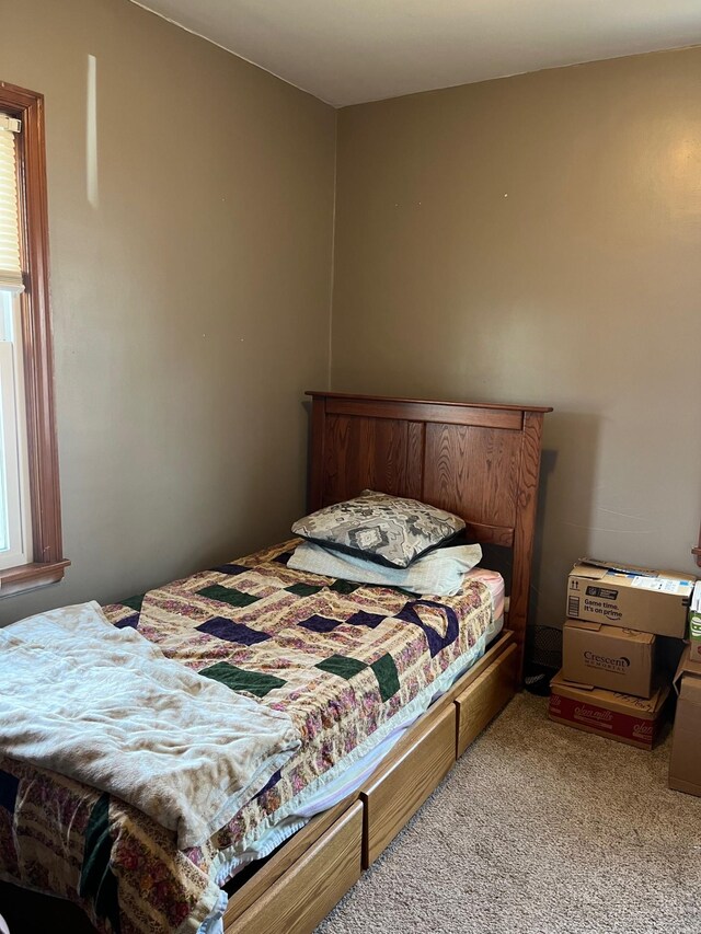 bedroom with light colored carpet