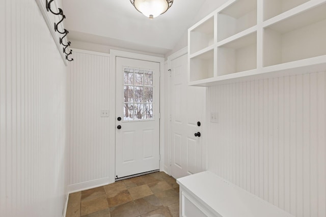 mudroom with stone finish flooring