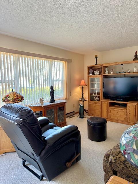 carpeted living room with baseboard heating and a textured ceiling