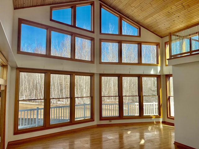 unfurnished sunroom featuring wood ceiling and lofted ceiling