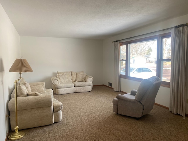 carpeted living area with baseboards and a textured ceiling