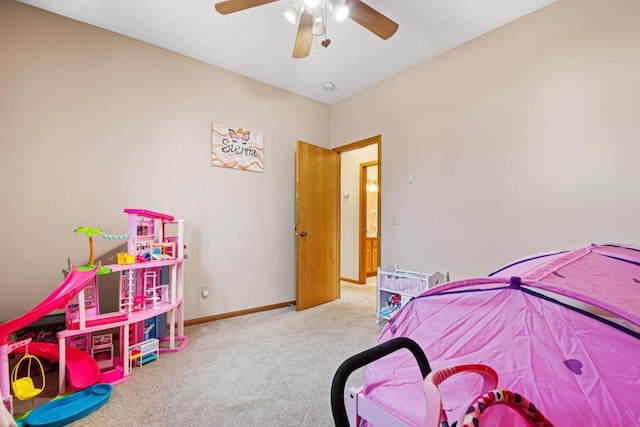 bedroom with baseboards, carpet floors, and ceiling fan