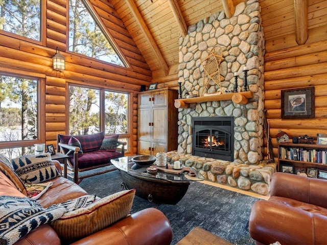 living room featuring beamed ceiling, a fireplace, wood ceiling, and wood finished floors