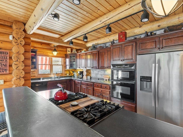 kitchen with dark countertops, wood ceiling, stainless steel refrigerator with ice dispenser, and dobule oven black