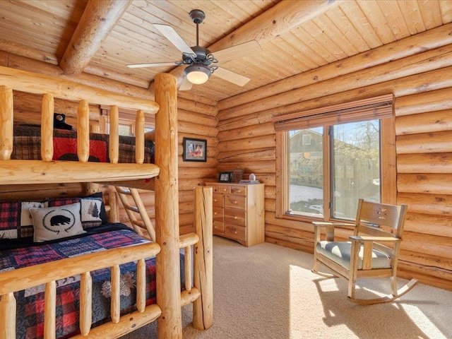 carpeted bedroom featuring rustic walls, beam ceiling, and wooden ceiling