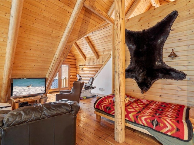 bedroom featuring rustic walls, wood ceiling, lofted ceiling with beams, and hardwood / wood-style flooring