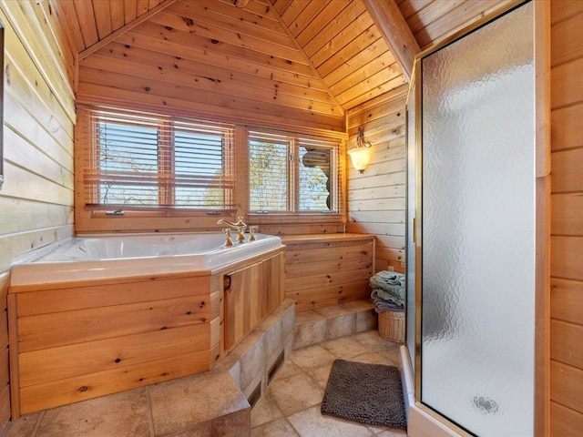 bathroom featuring wooden walls, a shower stall, wood ceiling, and lofted ceiling