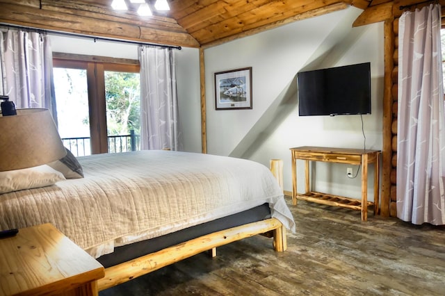 bedroom with access to outside, wood ceiling, wood-type flooring, and vaulted ceiling