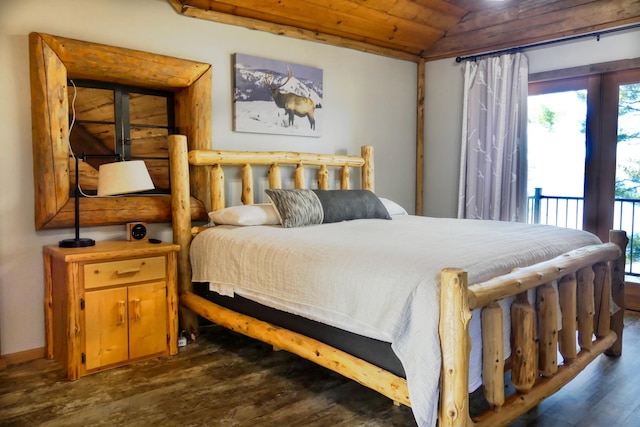 bedroom featuring access to outside, dark wood-style flooring, wooden ceiling, and vaulted ceiling