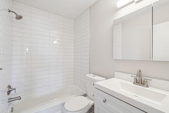 full bathroom featuring vanity, toilet, and tub / shower combination