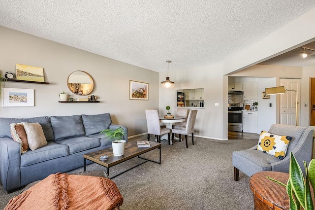 living room featuring baseboards, carpet floors, and a textured ceiling