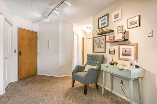 living area featuring rail lighting, carpet, a textured ceiling, and baseboards