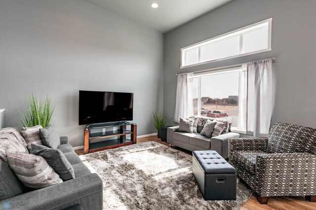 living area with recessed lighting, baseboards, and wood finished floors