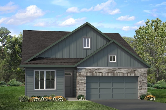 view of front of property featuring a front lawn, stone siding, board and batten siding, roof with shingles, and an attached garage