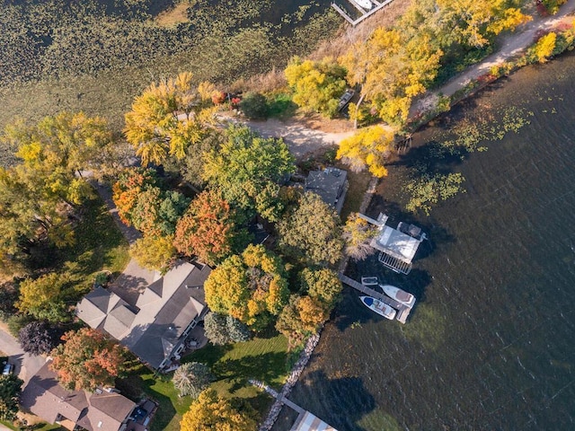 birds eye view of property featuring a water view