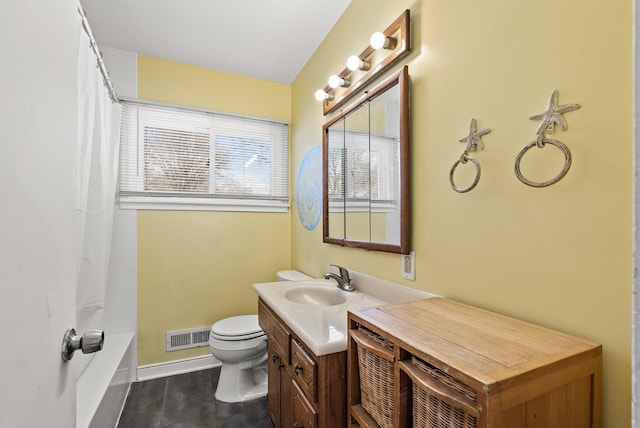 full bathroom with vanity, toilet, baseboards, and visible vents