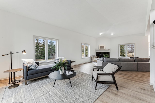 living area featuring a fireplace with raised hearth, a healthy amount of sunlight, and light wood-style floors