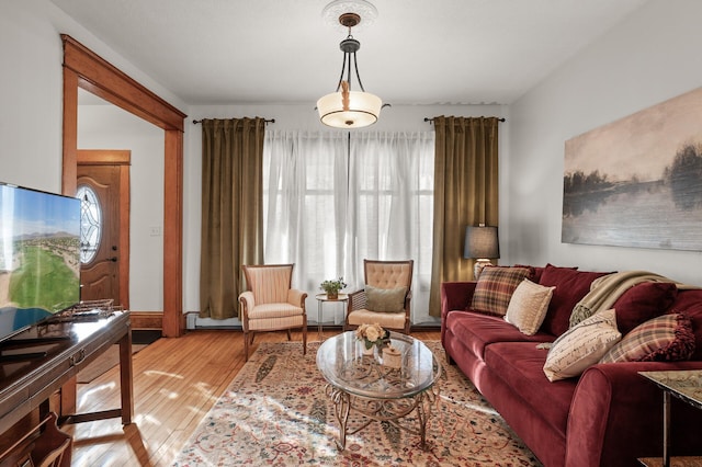 living area with hardwood / wood-style flooring, a wealth of natural light, and a baseboard radiator