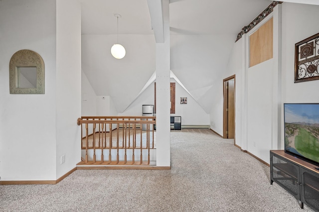 interior space with lofted ceiling with beams and baseboards