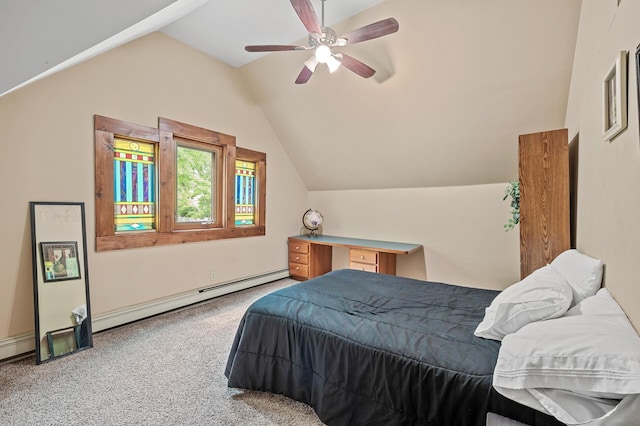 bedroom with lofted ceiling, baseboard heating, ceiling fan, and carpet flooring