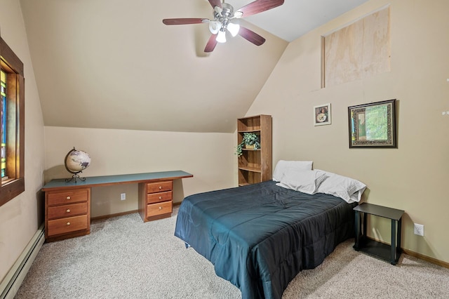 bedroom featuring a baseboard radiator, lofted ceiling, light colored carpet, and baseboards