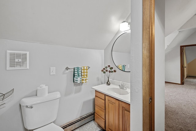 bathroom with visible vents, toilet, a baseboard radiator, lofted ceiling, and vanity