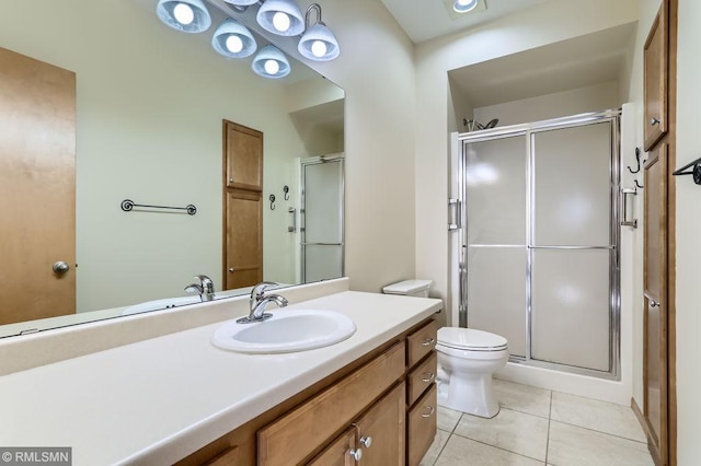 bathroom featuring tile patterned floors, a shower stall, toilet, and vanity