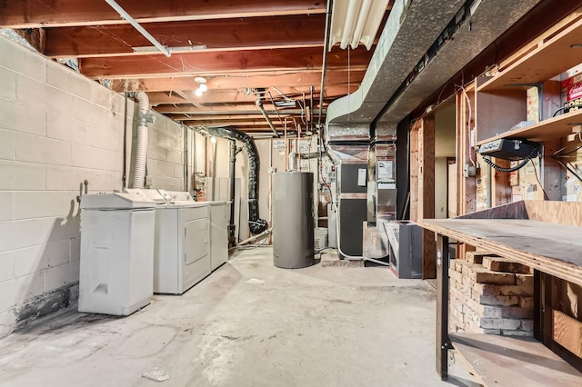 unfinished below grade area with water heater and washing machine and clothes dryer