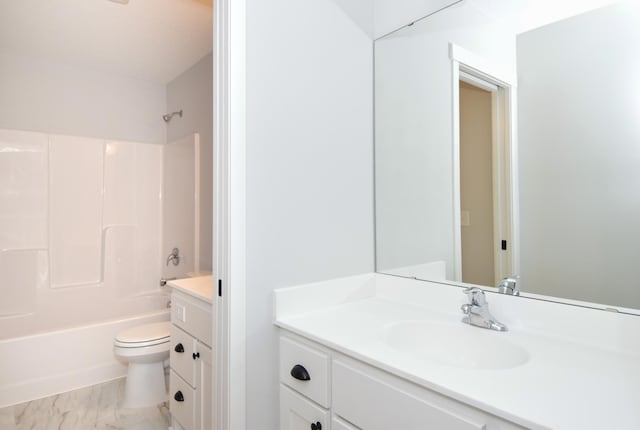 full bathroom featuring shower / washtub combination, toilet, vanity, and marble finish floor